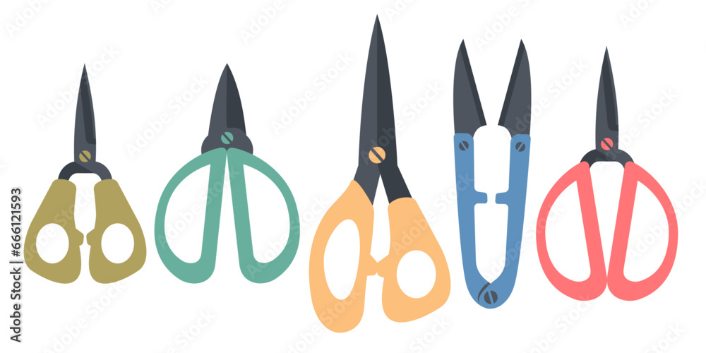 Scissors isolated on white background. Scissors sewing set for production and tailoring, knitting. Traditional classic Color snip template for handmade hobbies, handicraft. Vector illustration Scissors isolated on white background. Scissors sewing set for production and tailoring, knitting. Traditional classic Color snip template for handmade hobbies, handicraft. Vector illustration