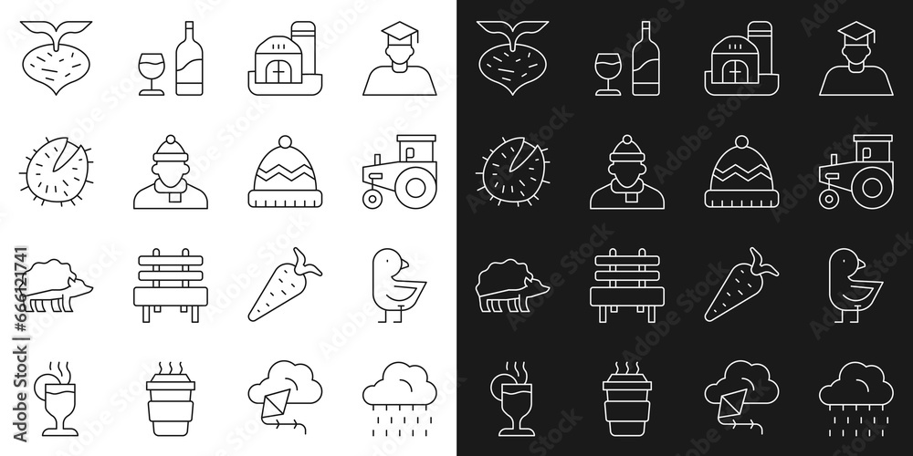 Set line Cloud with rain, Little chick, Tractor, Farm house, Autumn clothes, Chestnut, Beet and Winter hat icon. Vector Set line Cloud with rain, Little chick, Tractor, Farm house, Autumn clothes, Chestnut, Beet and Winter hat icon. Vector