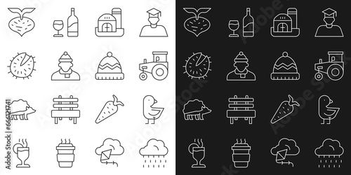 Set line Cloud with rain, Little chick, Tractor, Farm house, Autumn clothes, Chestnut, Beet and Winter hat icon. Vector