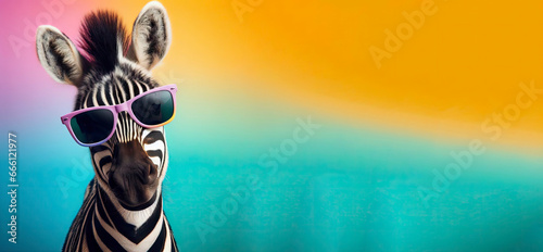 zebra with glasses on a multicolored background. ai generative