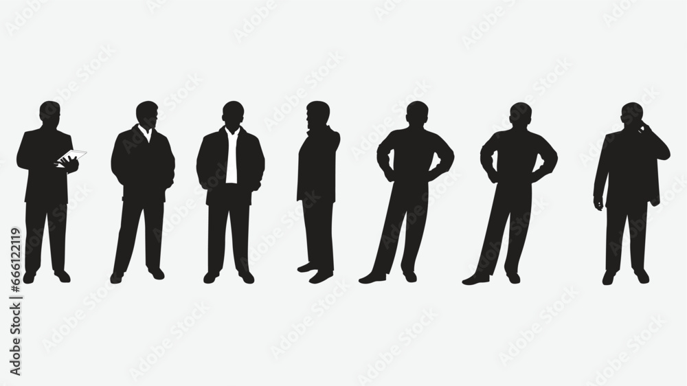 Business men's character set in various poses. Flat vector illustrations. Group of business people silhouettes. Men in suits Business men's character set in various poses. Flat vector illustrations. Group of business people silhouettes. Men in suits