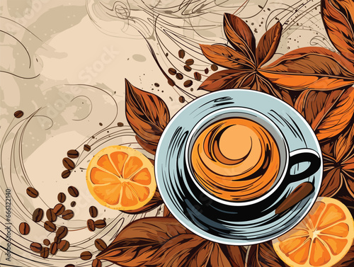 Abstract vector illustration in watercolor style with coffee, anise stars, orange and leaves