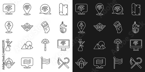 Set line Crook and flail, Eye of Horus on monitor, Egyptian anubis, symbol Winged sun, Cross ankh, and Nefertiti icon. Vector