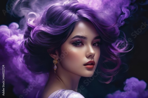 A close up of a stylish woman with violet hair and smoke cloud, sensual expressive lips, beautiful witch with long hair, violet tint. Fashion scent, fresh odour © useful pictures