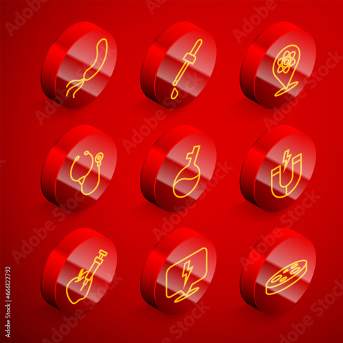 Set line Bacteria, Pipette, Atom, Stethoscope, Test tube, Magnet, Genetically modified apple and Lightning bolt icon. Vector