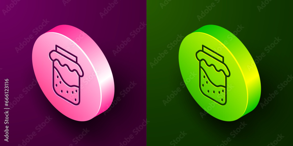 Isometric line Jam jar icon isolated on purple and green background. Circle button. Vector Isometric line Jam jar icon isolated on purple and green background. Circle button. Vector