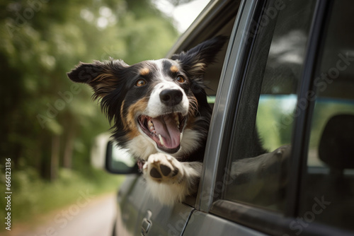 This playful dog is having the time of its life during a car ride  as it sticks its head out the window and feels the wind and sunshine on its face. AI Generative.