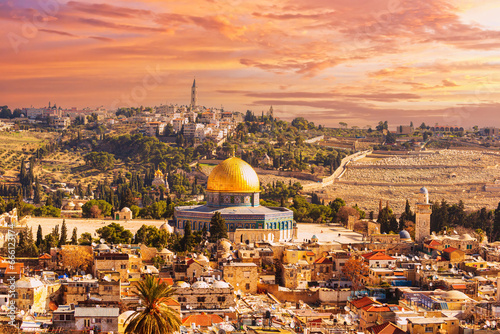 Sunset view of the old city of Jerusalem, with the temple mount and golden Dome of the Rock