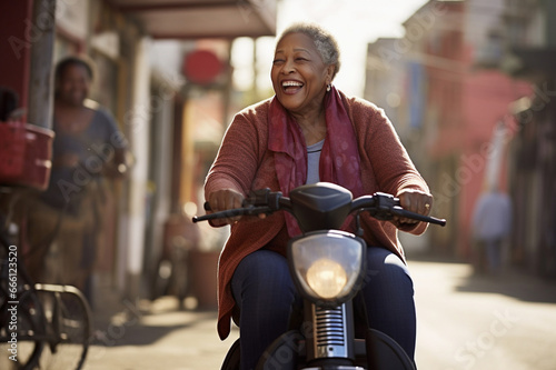 Senior African American woman on a mobility scooter, outdoor exploration in the city photo
