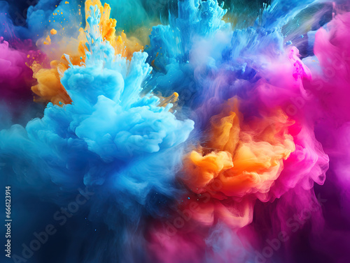 Colored powder explosion, Abstract closeup dust on backdrop, Colorful explode. Generative Ai