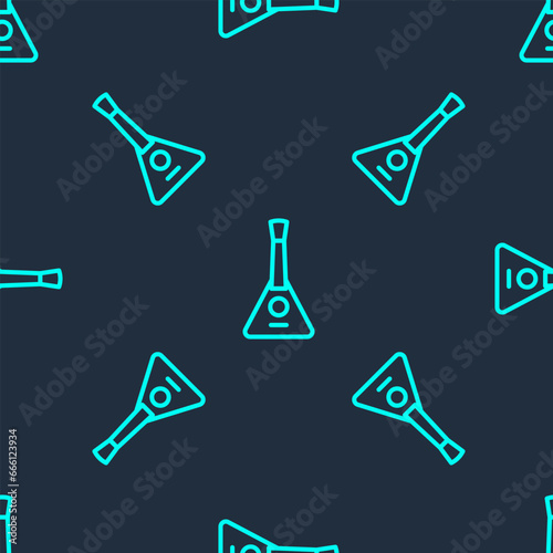 Green line Musical instrument balalaika icon isolated seamless pattern on blue background. Vector