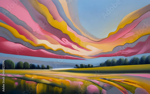 Acrylic Landscape Modern Painting. Hand Drawn  Print. Traditional Gouache Wall art Artwork. Painted paper texture fragment. Sunrise or sunset nature scene. Field, forest, sky with clouds scene. (ID: 666123996)