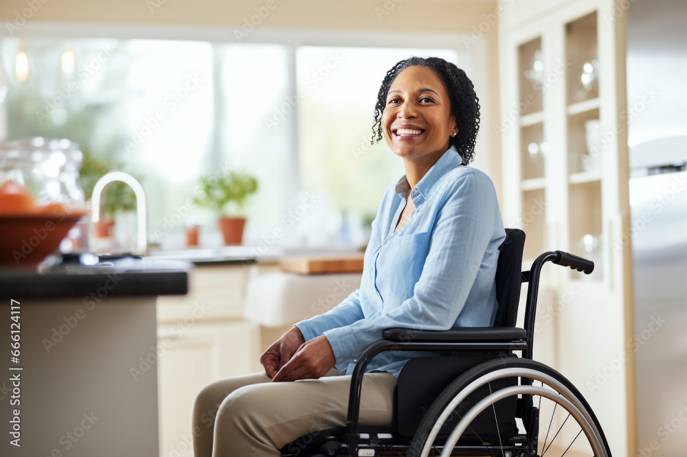 Serene African American woman in a wheelchair, in the comforting kitchen space Serene African American woman in a wheelchair, in the comforting kitchen space