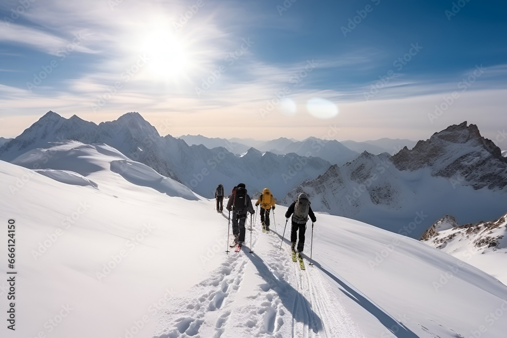 Group of friends engage in extreme winter sports, skiing down the mountain slopes
