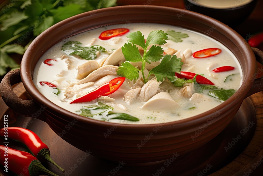Chicken broth soup, garnished with parsley, chili. Perfect for gourmet recipes and culinary workshops. Chicken broth soup, garnished with parsley, chili. Perfect for gourmet recipes and culinary workshops.