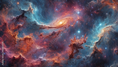 Abstract cosmic backdrop with swirling galaxies  nebulae  and celestial wonders.