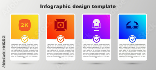 Set 2k Ultra HD, Movie spotlight, Director movie chair and 3D cinema glasses. Business infographic template. Vector