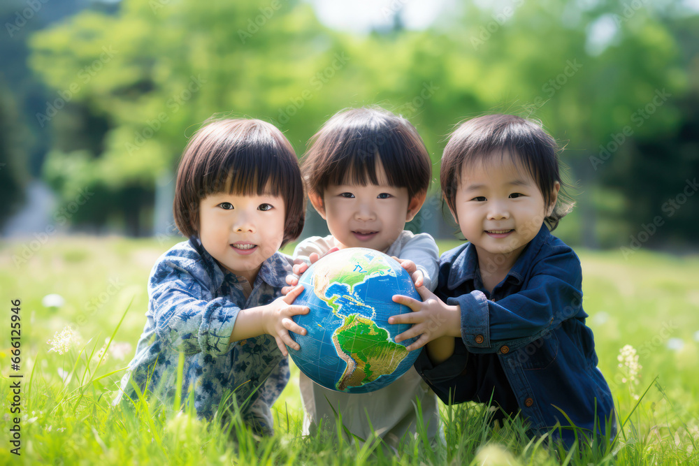 Innocence and Responsibility: Asian Child Holds Earth on Vibrant Greenery Innocence and Responsibility: Asian Child Holds Earth on Vibrant Greenery