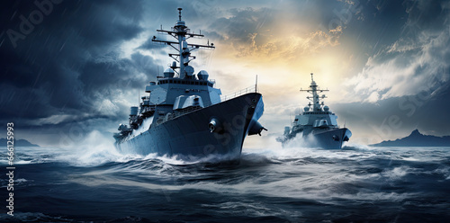 a group of battle ships moving along a blue ocean with large clouds