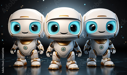 Little cute robots on a dark background. © Andreas