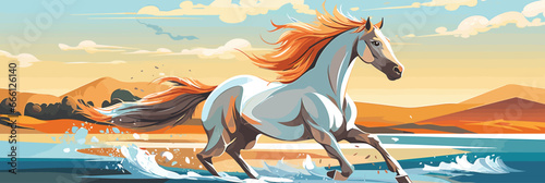 A free horse gallops on the seashore. Sunny sunset. A beautiful elegant horse with a flattering mane. Vector