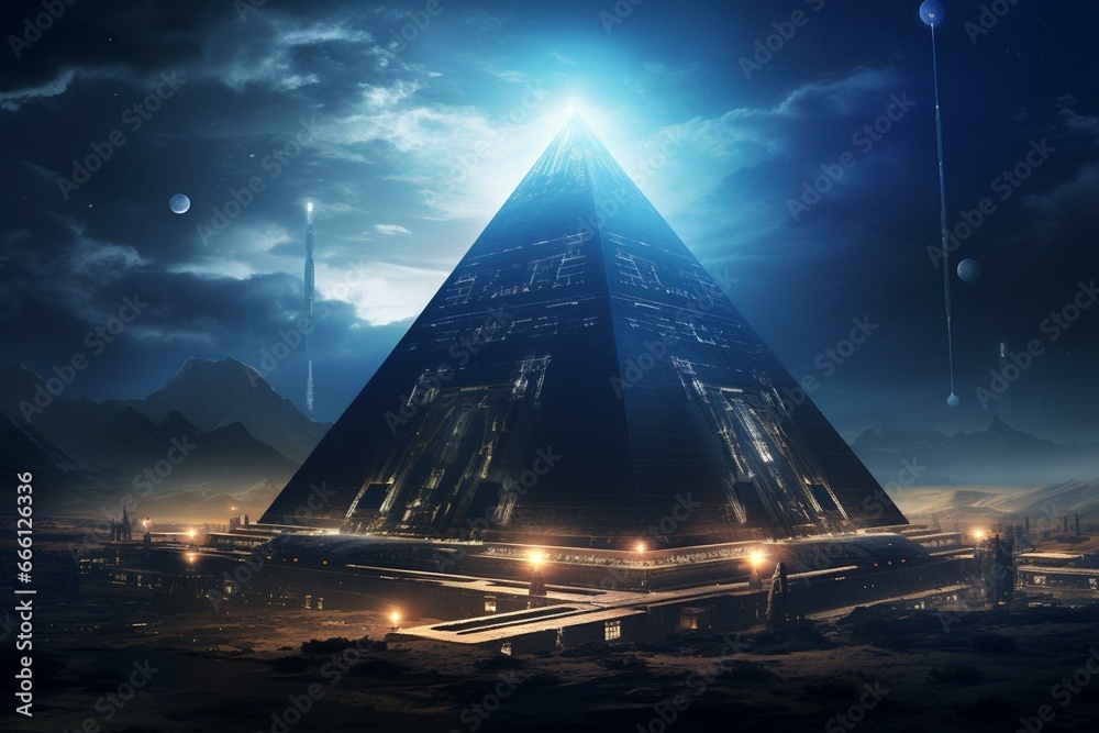 Pyramid power conduit, extraterrestrial power plant. Generative AI