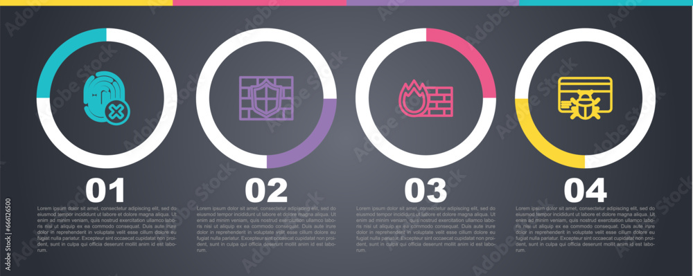 Set line Cancelled fingerprint, Shield with brick wall, Firewall, security and System bug credit card. Business infographic template. Vector Set line Cancelled fingerprint, Shield with brick wall, Firewall, security and System bug credit card. Business infographic template. Vector