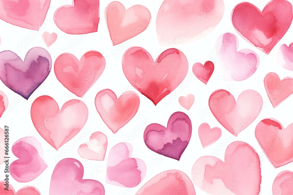 Watercolor hearts pattern for Valentine's Day. Generative AI