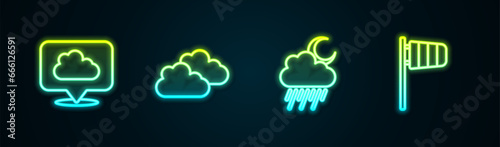 Set line Location cloud, Cloud, with rain and moon and Cone windsock wind vane. Glowing neon icon. Vector