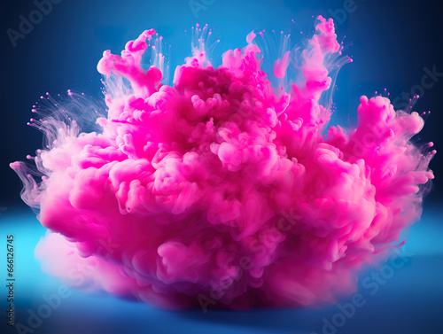 Pink neon powder explosion with gliwing frame on blue background. Generative Ai