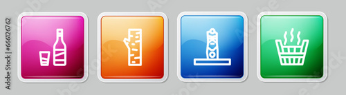 Set line Bottle of vodka with glass, Birch tree, Slavic pagan idol and Sauna bucket. Colorful square button. Vector