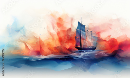 Abstract sailboat in a colorful sea of colors.