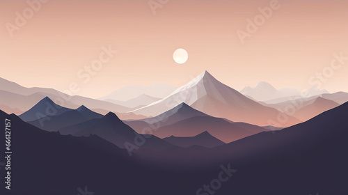 Minimalistic and abstract illustration of mountains and the moon. Night atmosphere illuminated by moonlight.