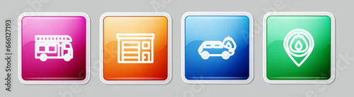 Set line Fire truck, Building of fire station, Burning car and Location with flame. Colorful square button. Vector