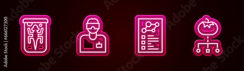 Set line Experimental animal, Laboratory assistant, Clinical record and Genetically modified food. Glowing neon icon. Vector