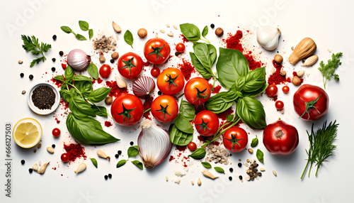 Top-view, Marinara sauce ingredients, tomatoes, garlic, onions, olive oil, and herbs, basil and oregano, isolated on white background