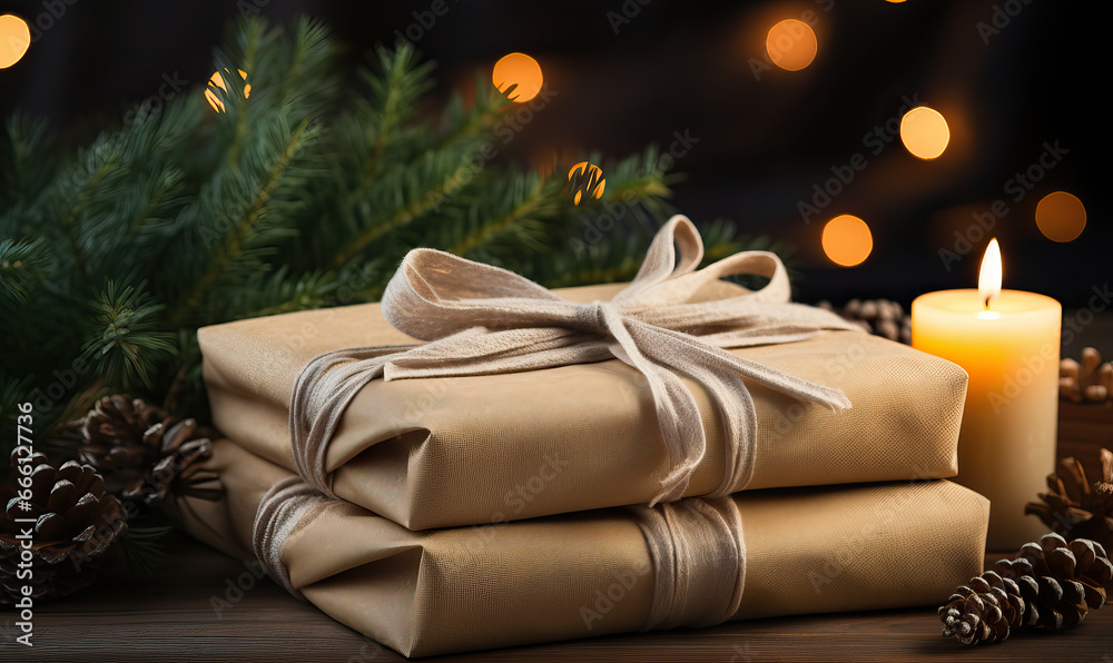 Gift with christmas deco on the table. Gift with christmas deco on the table.
