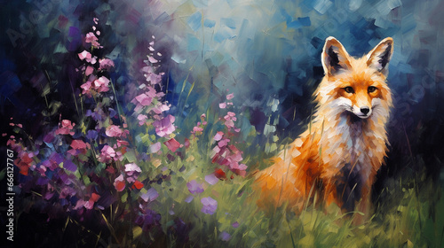 Digital oil painting of a peaceful red fox on a colorful blooming forest glade, impressionism. Beautiful artistic image for poster, wallpaper, art print.