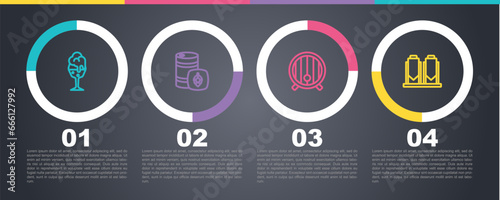 Set line Glass of beer, Metal keg, Wooden barrel and Beer brewing process. Business infographic template. Vector