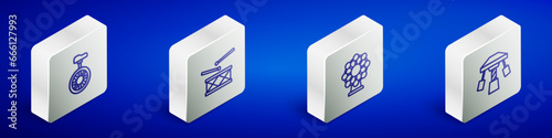 Set Isometric line Unicycle or one wheel bicycle, Drum with drum sticks, Ferris and Attraction carousel icon. Vector