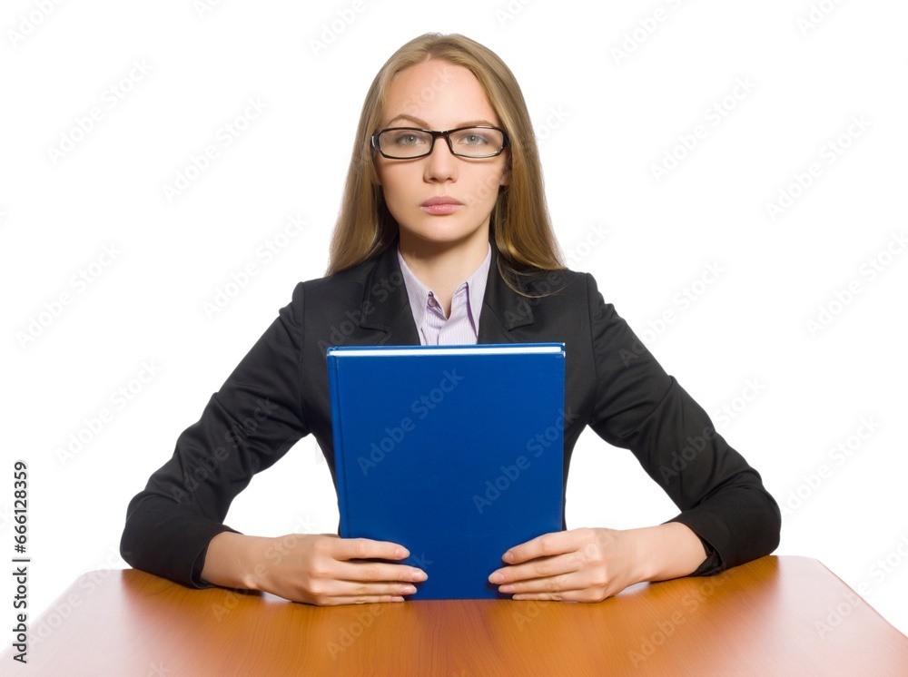 Female employee sitting at long table isolated on white Female employee sitting at long table isolated on white