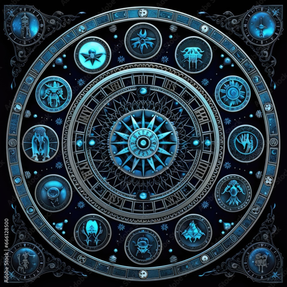 blue mystical cosmos compass planet tarot card constellation navigation zodiac illustration