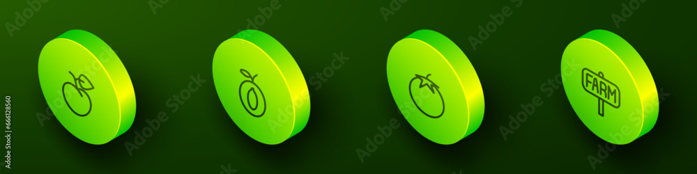 Set Isometric line Peach fruit or nectarine, Plum, Tomato and Location farm icon. Vector Set Isometric line Peach fruit or nectarine, Plum, Tomato and Location farm icon. Vector