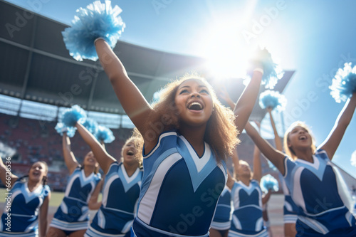 Stadium cheerleaders, wearing their blue and pom-pom costumes