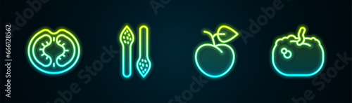 Set line Tomato, Asparagus, Peach fruit or nectarine and Pumpkin. Glowing neon icon. Vector