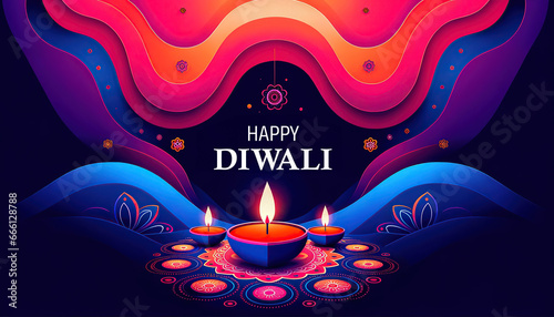 colorful diwali greeting with vibrant fireworks, rangoli patterns and diya lamps