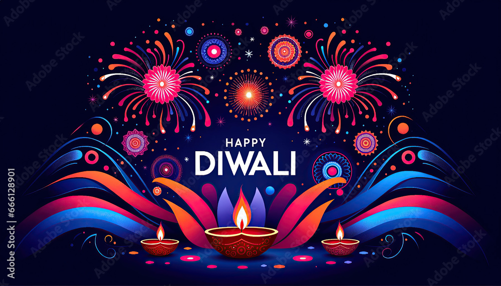colorful diwali greeting with vibrant fireworks, rangoli patterns and diya lamps