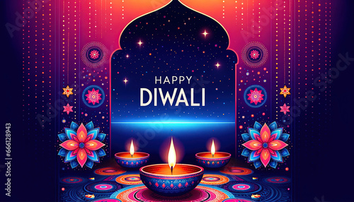 colorful diwali greeting with vibrant fireworks, rangoli patterns and diya lamps