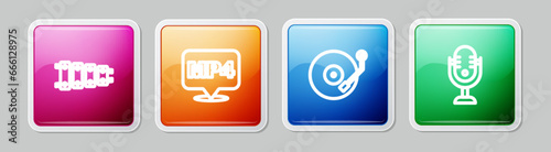 Set line Xylophone, MP4 file document, Vinyl player and Microphone. Colorful square button. Vector