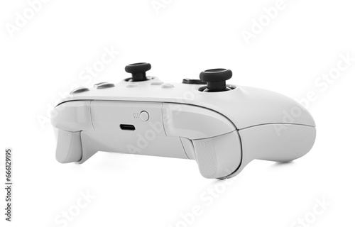 White wireless gamepad controller joystick isolated on a white background.